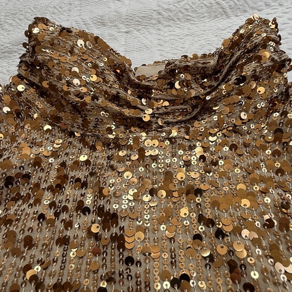 ANN TAYLOR Women's XL Gold Sequin Mock Neck Blouse - Picture 2 of 9